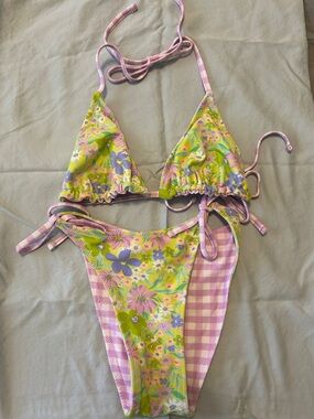 Wild fable Floral & Gingham Triangle Bikini - Pink, Green, Purple
